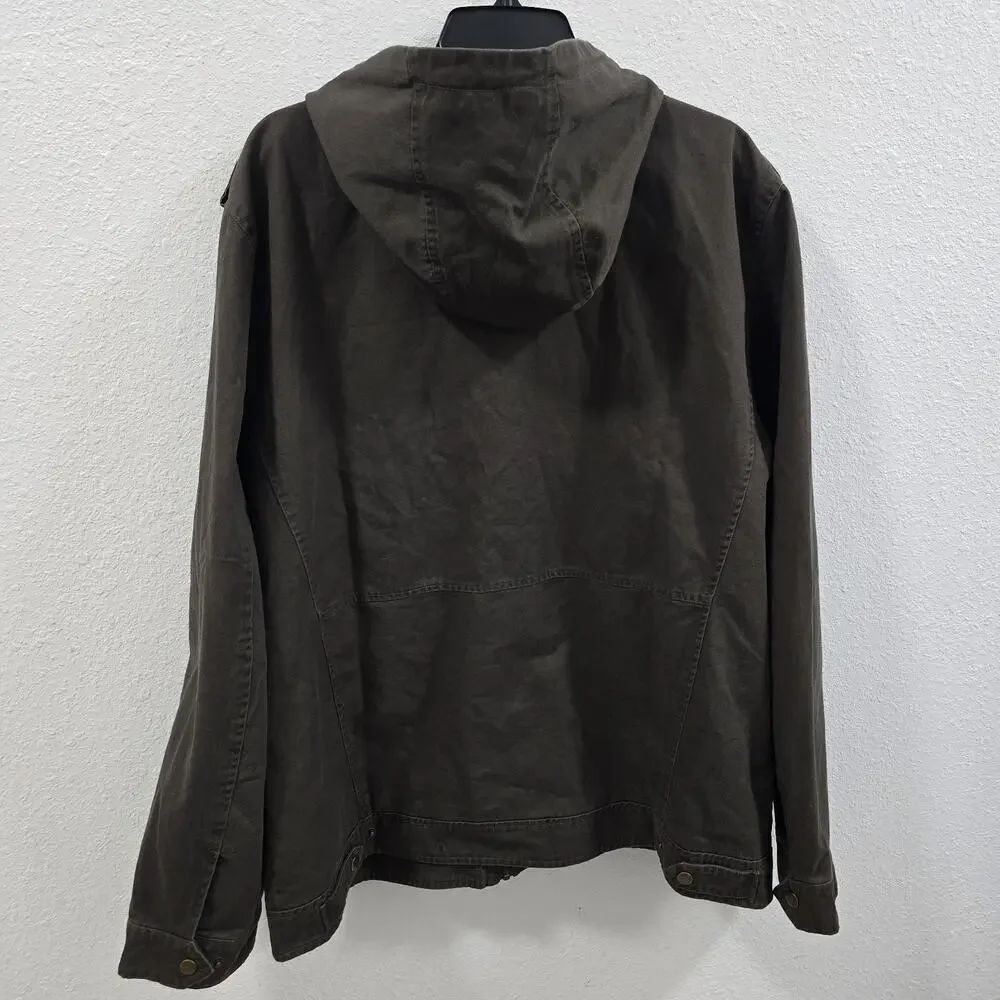 Whattry Men’s Utility Jacket XL Brown Hooded Military Field Coat Cargo Casual